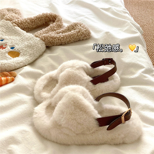 自留松弛感~！晚晚风慵懒外穿毛毛拖鞋女冬季保暖加绒厚底棉拖鞋