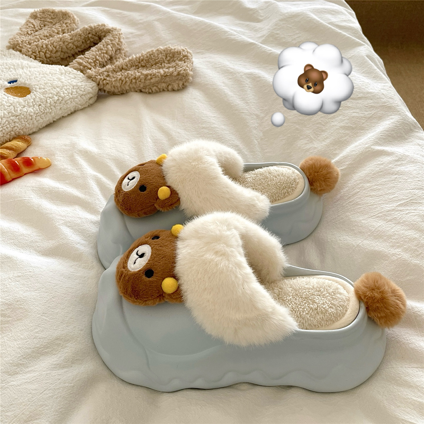 懒懒小熊~！可拆卸防水ins棉拖鞋女冬季厚底增高保暖加绒毛毛拖鞋