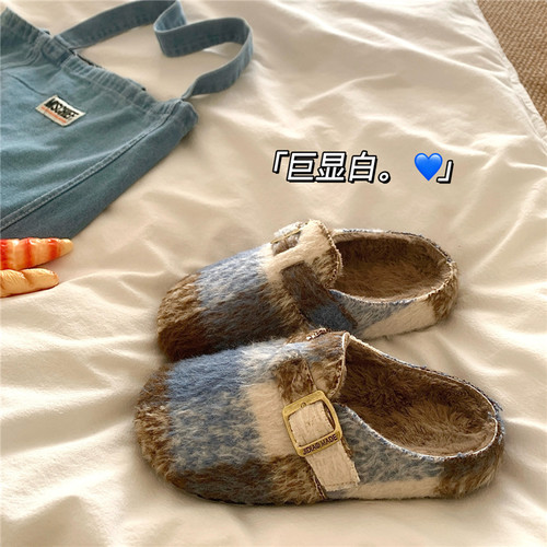 普鲁士蓝~！显白高级感勃肯加绒棉拖鞋女ins冬季外穿厚底毛毛拖鞋