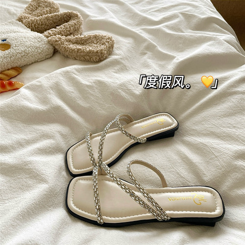 星河璀璨~！闪闪ins度假风海边凉拖鞋女外穿防滑沙滩法式一字拖鞋