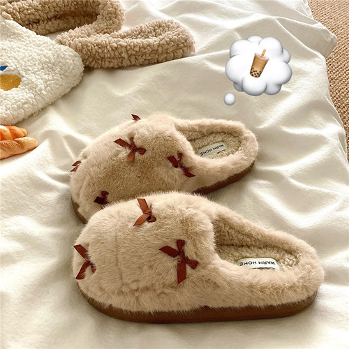 巨厚小奶包~！少女心蝴蝶结ins可爱棉拖鞋女冬季保暖包头毛毛拖鞋