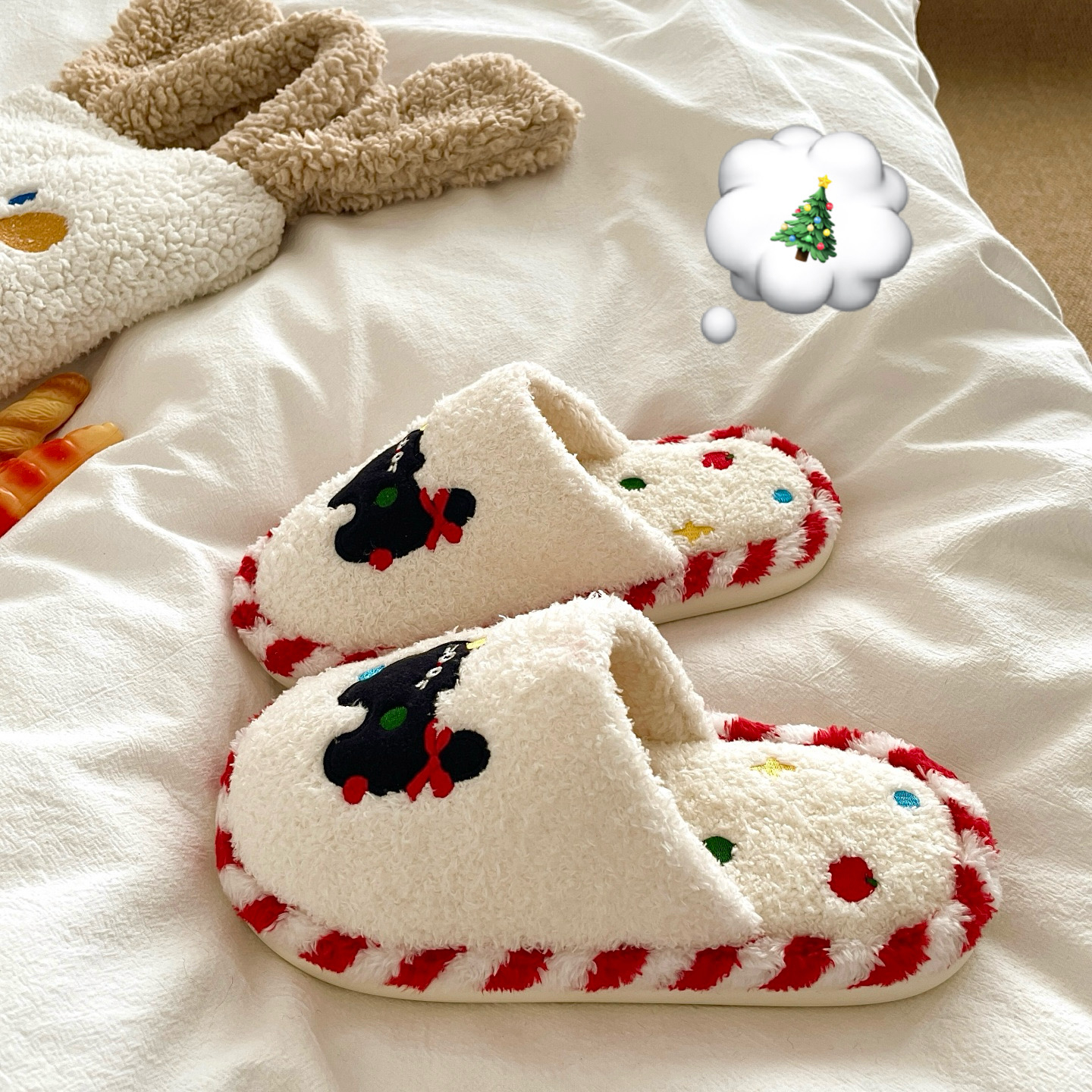 圣诞花纹~！波点可爱小猫毛毛拖鞋女居家保暖室内冬季加绒棉拖鞋