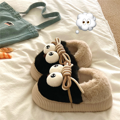 无辜大眼睛~！巨可爱卡通加厚加绒包跟棉鞋女厚底冬季毛毛棉拖鞋