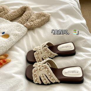 赫本千金~！珍珠ins度假风法式一字拖鞋女夏季外穿厚底增高凉拖鞋