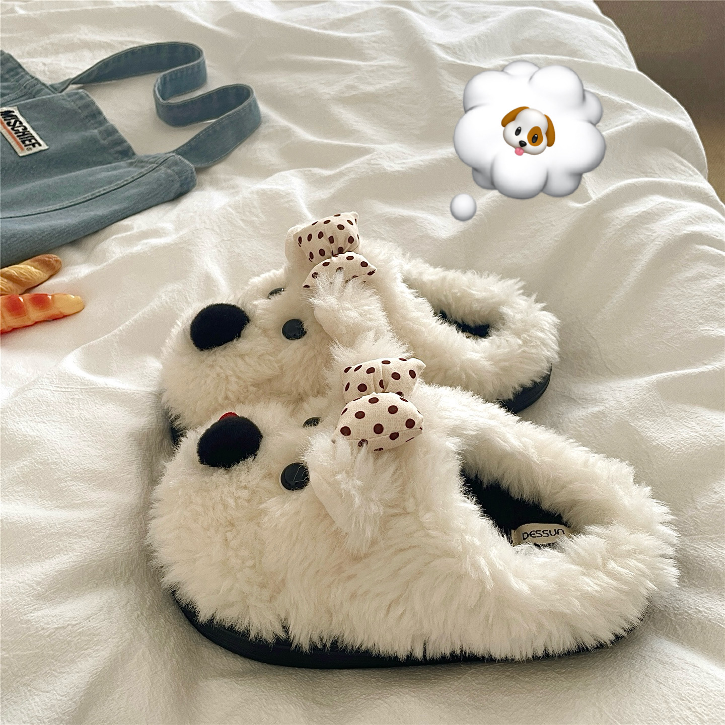 臭美小狗狗~！蝴蝶结ins可爱软萌居家棉拖鞋女保暖加绒毛毛拖鞋潮