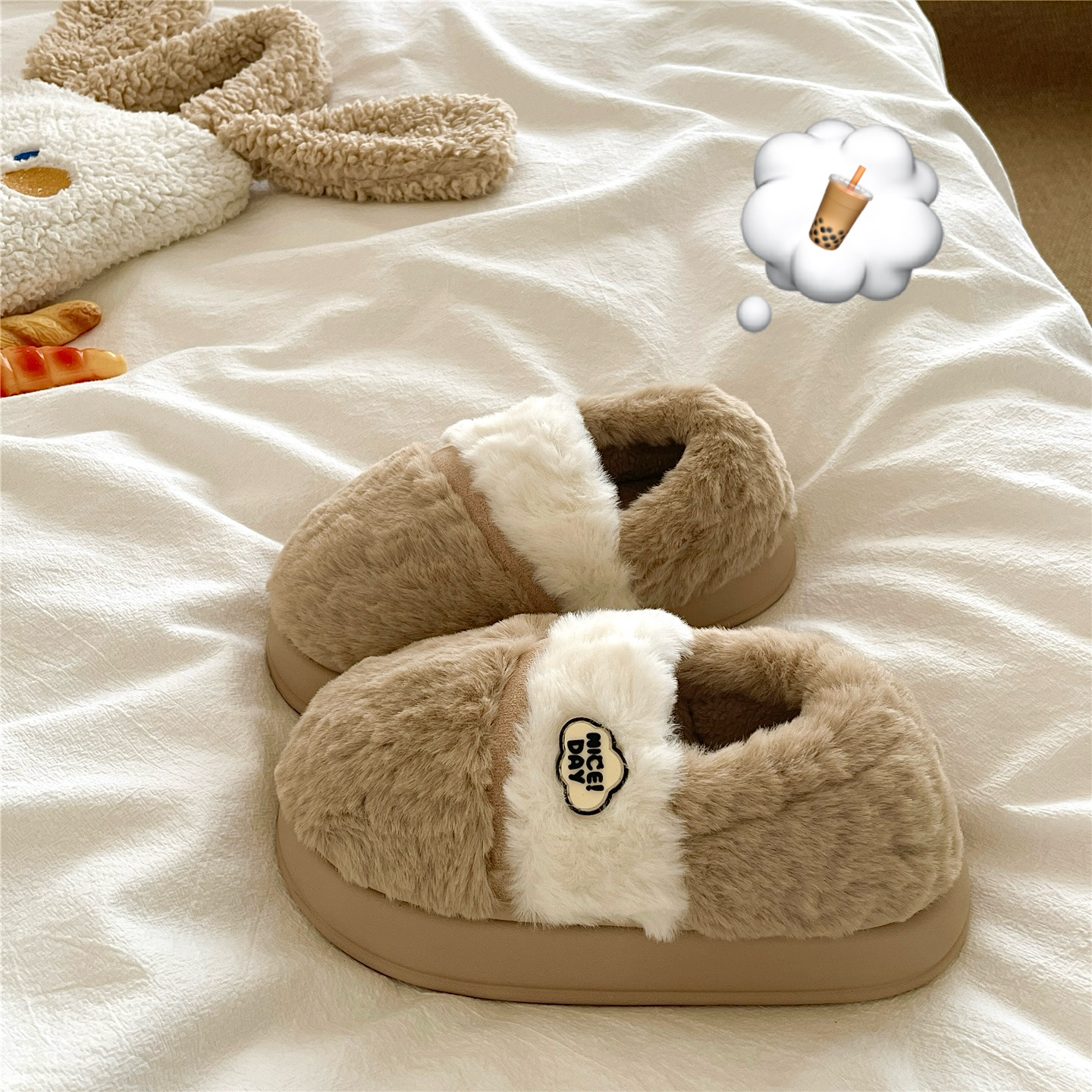 雪顶摩卡~！巨厚ins包跟冬季棉鞋女厚底居家加绒防滑毛毛棉拖鞋潮