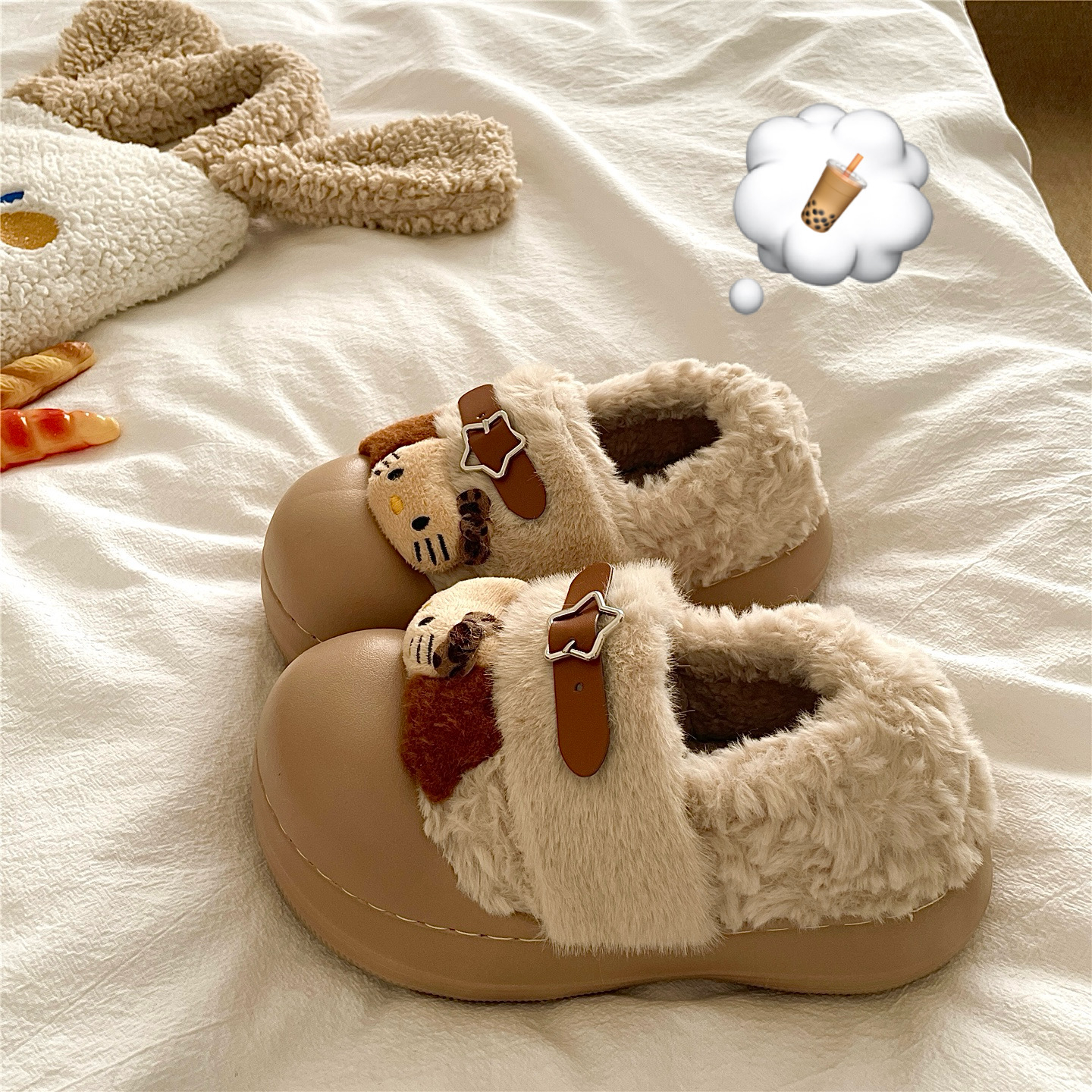 榛果布蕾KT猫~！辣妹ins包跟棉鞋女外穿厚底加绒保暖毛毛棉拖鞋潮