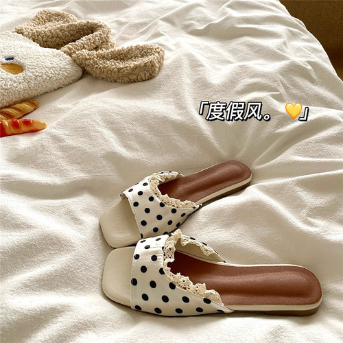 浪漫波点蕾丝~！法式度假风ins一字拖鞋女透气外穿夏季防滑凉拖鞋