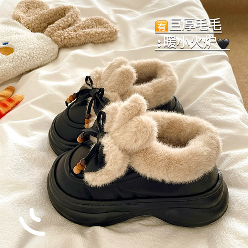 兔耳朵乖乖！巨厚！包跟保暖冬季雪地靴女加绒厚底防滑毛毛棉拖鞋
