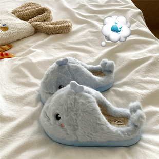 喷水大鲸鱼~！冰岛蓝ins显白居家棉拖鞋女保暖防滑冬季毛毛拖鞋潮