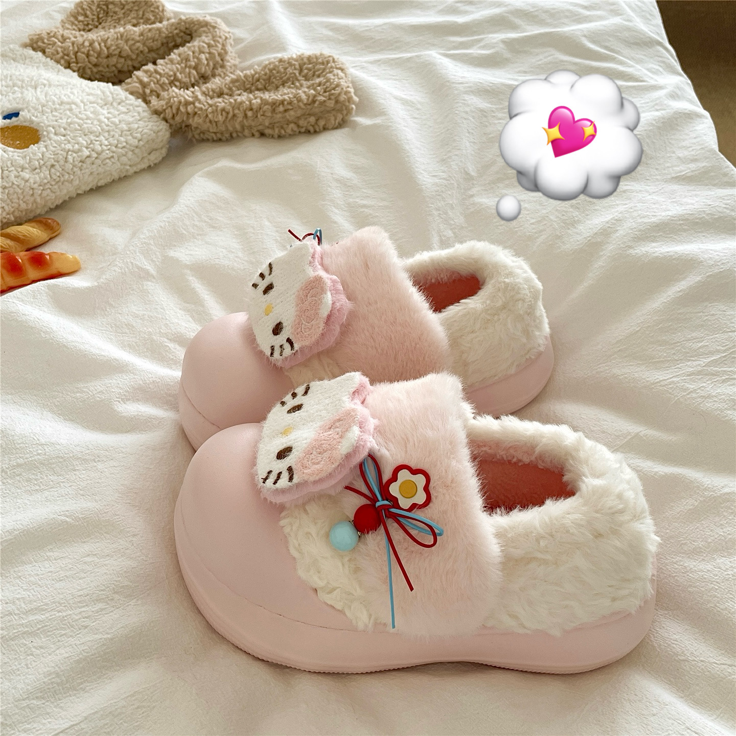 铃兰kt猫~！甜美ins软萌包跟棉鞋女外穿厚底保暖加绒毛毛棉拖鞋潮