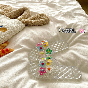 冰透水晶花园~！浪漫法式ins一字拖鞋女夏季外穿厚底沙滩凉拖鞋潮