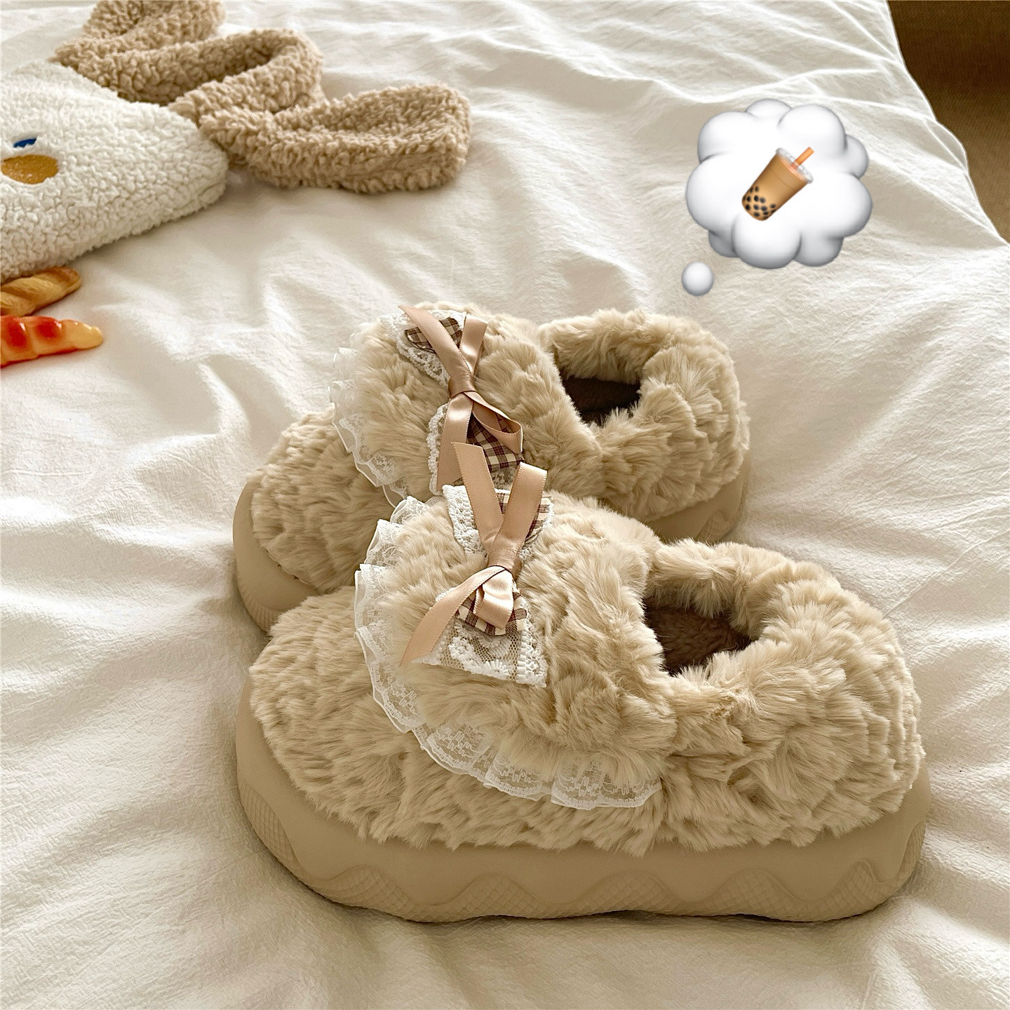 蕾丝蛋糕~！软糯ins甜美包跟棉鞋女外穿厚底保暖加绒毛毛棉拖鞋潮,女鞋,毛毛鞋,淘宝优惠券,粉丝福利购,淘宝优惠卷