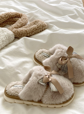 轻奢高级感~！蝴蝶结少女心厚底棉拖鞋女居家INS冬季防滑毛毛拖鞋
