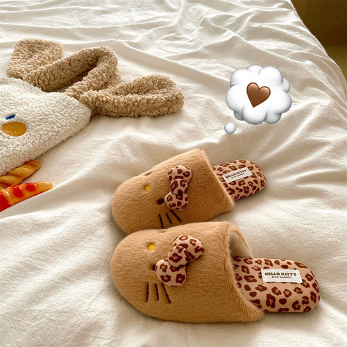 奶咖豹纹kt猫~！辣妹ins加绒保暖居家包头毛毛拖鞋女冬季棉拖鞋潮
