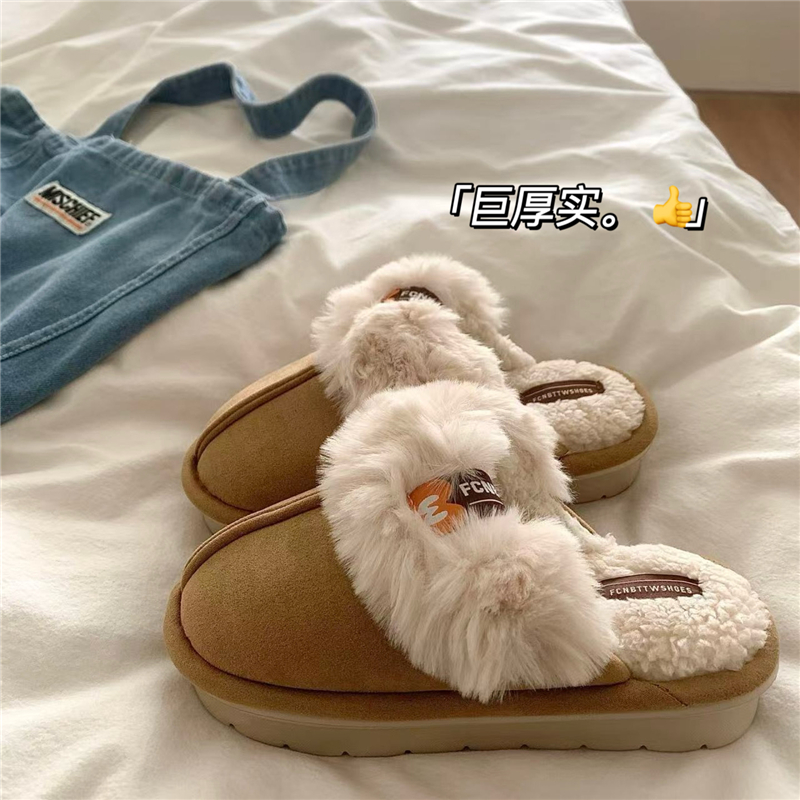 烤栗榛果棕~！保暖加绒ins居家棉拖鞋女包头防滑冬季厚底毛毛拖鞋