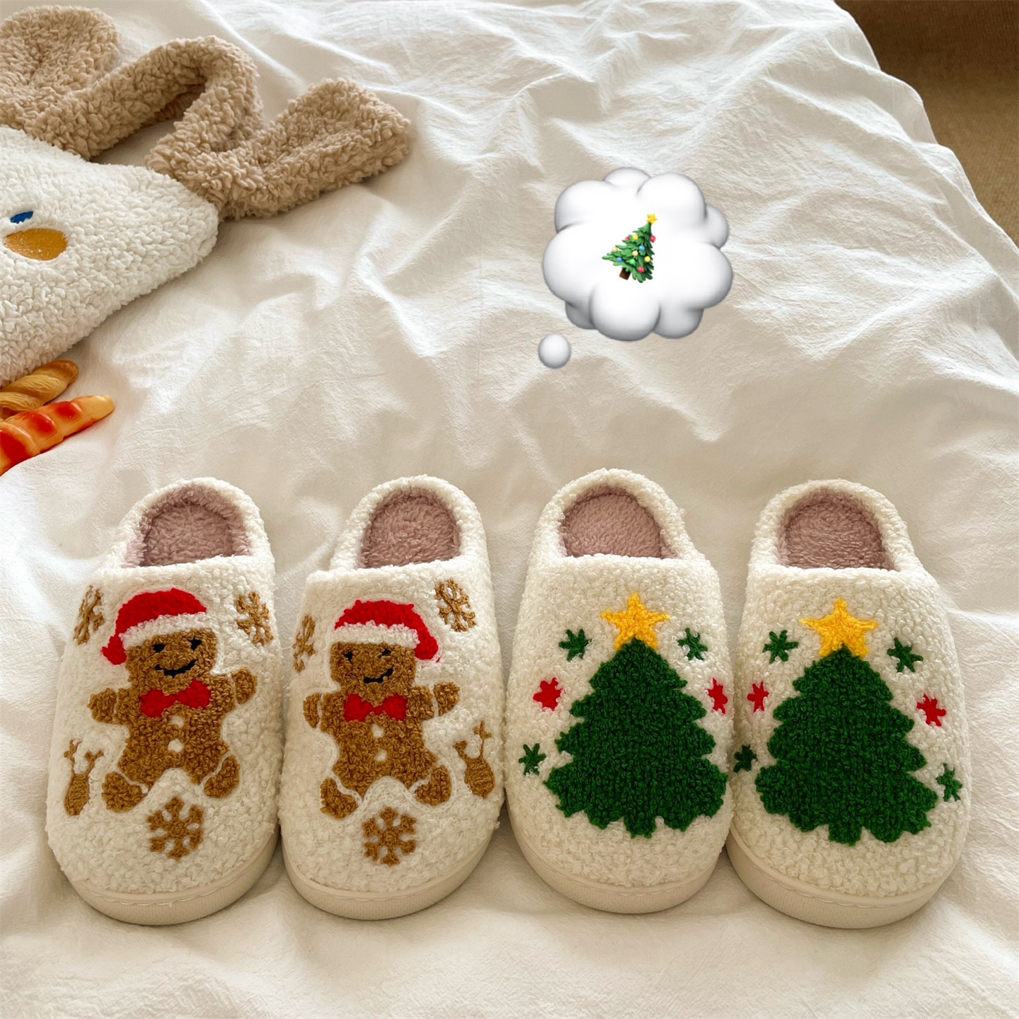 圣诞姜饼人~！可爱卡通ins居家毛毛拖鞋女冬季保暖防滑加绒棉拖鞋