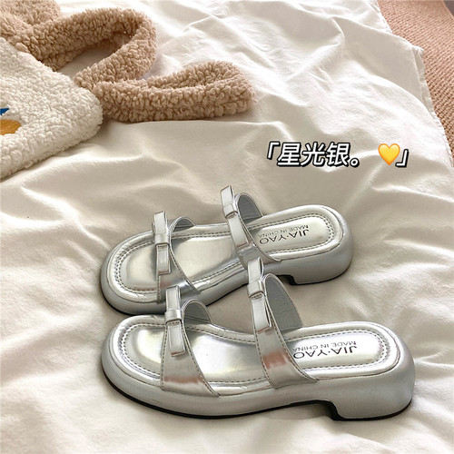 Bling星光银~！仙女风蝴蝶结厚底增高拖鞋女ins夏季外穿一字凉拖