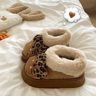 加绒雪地靴 女ins厚底冬季 奶油豹纹kt猫 加厚保暖包跟毛毛棉拖鞋