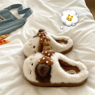 女居家厚底保暖加绒毛毛拖鞋 波点奶茶猫 软萌ins可爱包头棉拖鞋