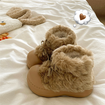 西伯利雪夜~！费尔岛ins加厚加绒保暖雪地靴女厚底防滑包跟棉拖鞋