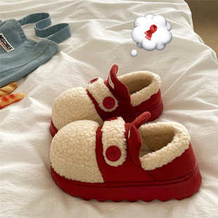显白波尔多红~！羊羔毛ins加绒包跟棉鞋女冬季厚底保暖毛毛棉拖鞋