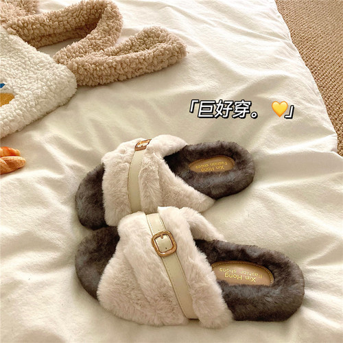 冬日晚晚风~！好质感毛毛拖鞋女INS冬季厚底外穿防滑保暖棉拖鞋潮