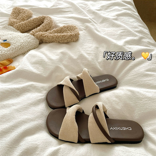 棉麻碱水结~！亚麻透气ins质感凉拖鞋女夏季透气法式度假一字拖鞋