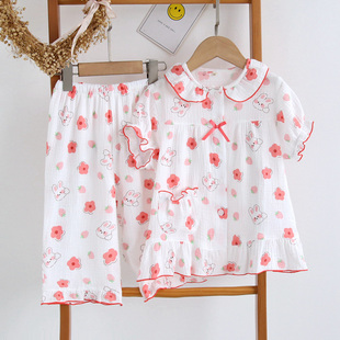 草莓小兔女童夏季 家居服 睡衣全棉绉布纱布柔软透气薄款 圆领短袖
