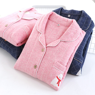 秋冬里外全棉空气层三层薄夹棉情侣款睡衣北极熊绣花格子家居服