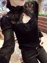 t恤女新半高领百搭上衣雪纺袖 打底衫 性感灯笼袖 修身 蕾丝拼接长袖