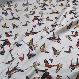 22姆米重磅白底蝴蝶真丝素绉缎连衣裙衬衫 布料面料 旗袍桑蚕丝服装