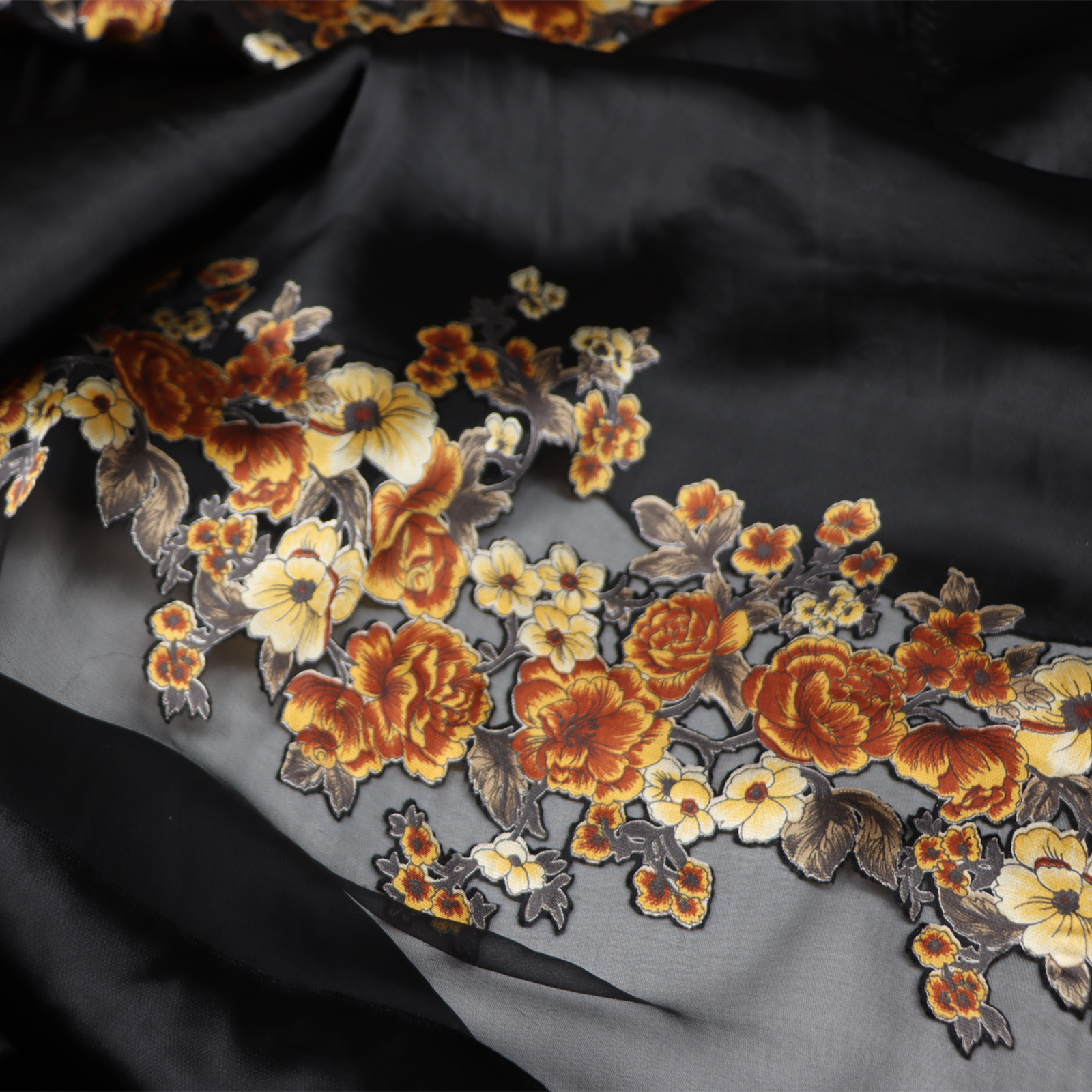 定位黑色花朵真丝烂花绡旗袍汉服连衣裙衬衫桑蚕丝服装布料面料