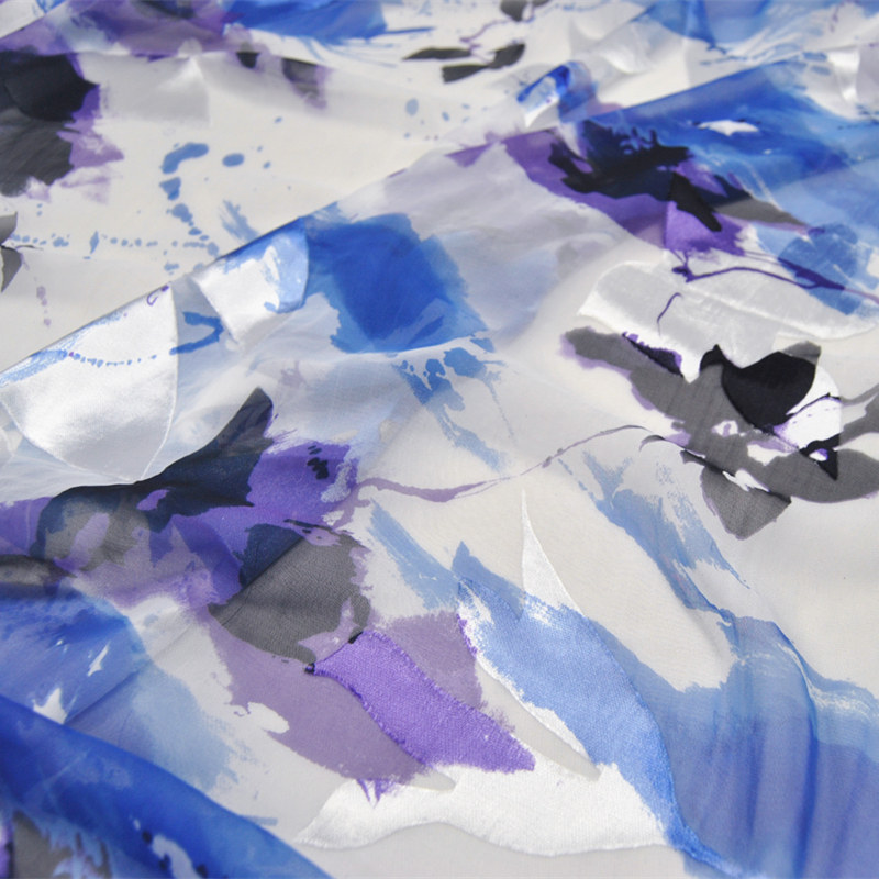 宽幅白底蓝紫花真丝烂花绡旗袍汉服连衣裙衬衫桑蚕丝服装布料面料