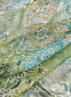 绿色素雅春意盎然真丝顺纡金线衬衫汉服连衣裙桑蚕丝服装布料面料