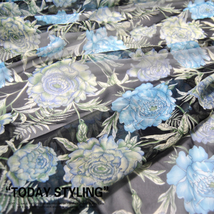 黑底素雅花朵真丝乔其纱连衣裙衬衫 布料面料 汉服桑蚕丝服装