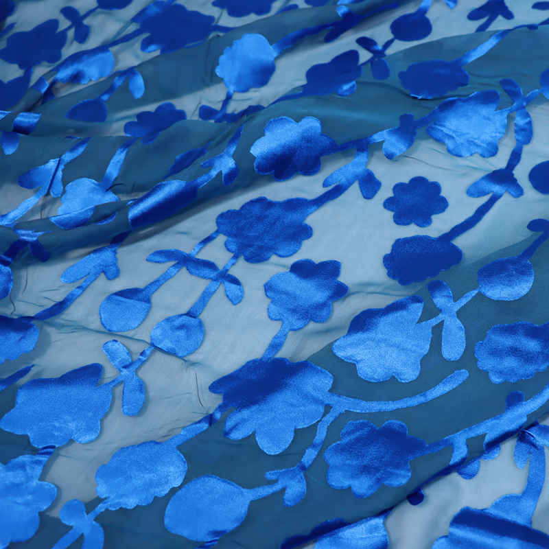 宽幅蓝色花朵真丝烂花绡旗袍汉服连衣裙衬衫桑蚕丝服装布料面料