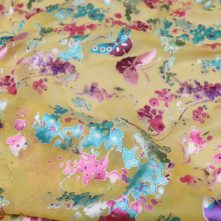 黄底花朵蝴蝶真丝烂花绡旗袍连衣裙桑蚕丝服装布料面料