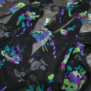 宽幅黑底鲜艳花朵真丝顺纡纱汉服连衣裙桑蚕丝服装 布料面料