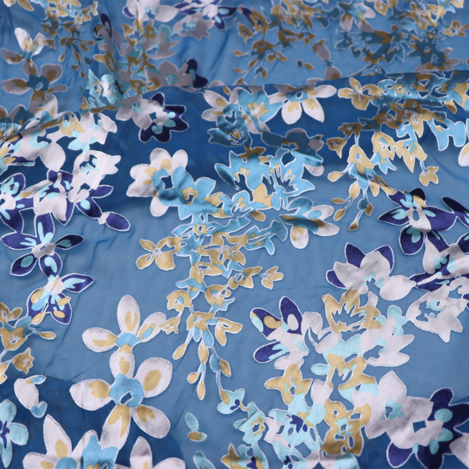 宽幅蓝底花朵真丝烂花绡旗袍汉服连衣裙衬衫桑蚕丝服装布料面料