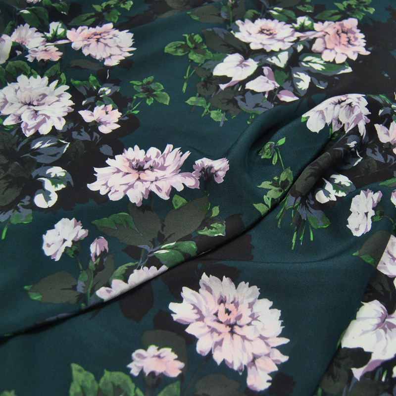 宽幅墨绿系粉花朵真丝双绉连衣裙衬衫半身裙桑蚕丝服装布料面料