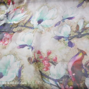 宽幅白花鸟语100%真丝顺纡褶皱乔其纱薄透连衣裙丝巾布料面料