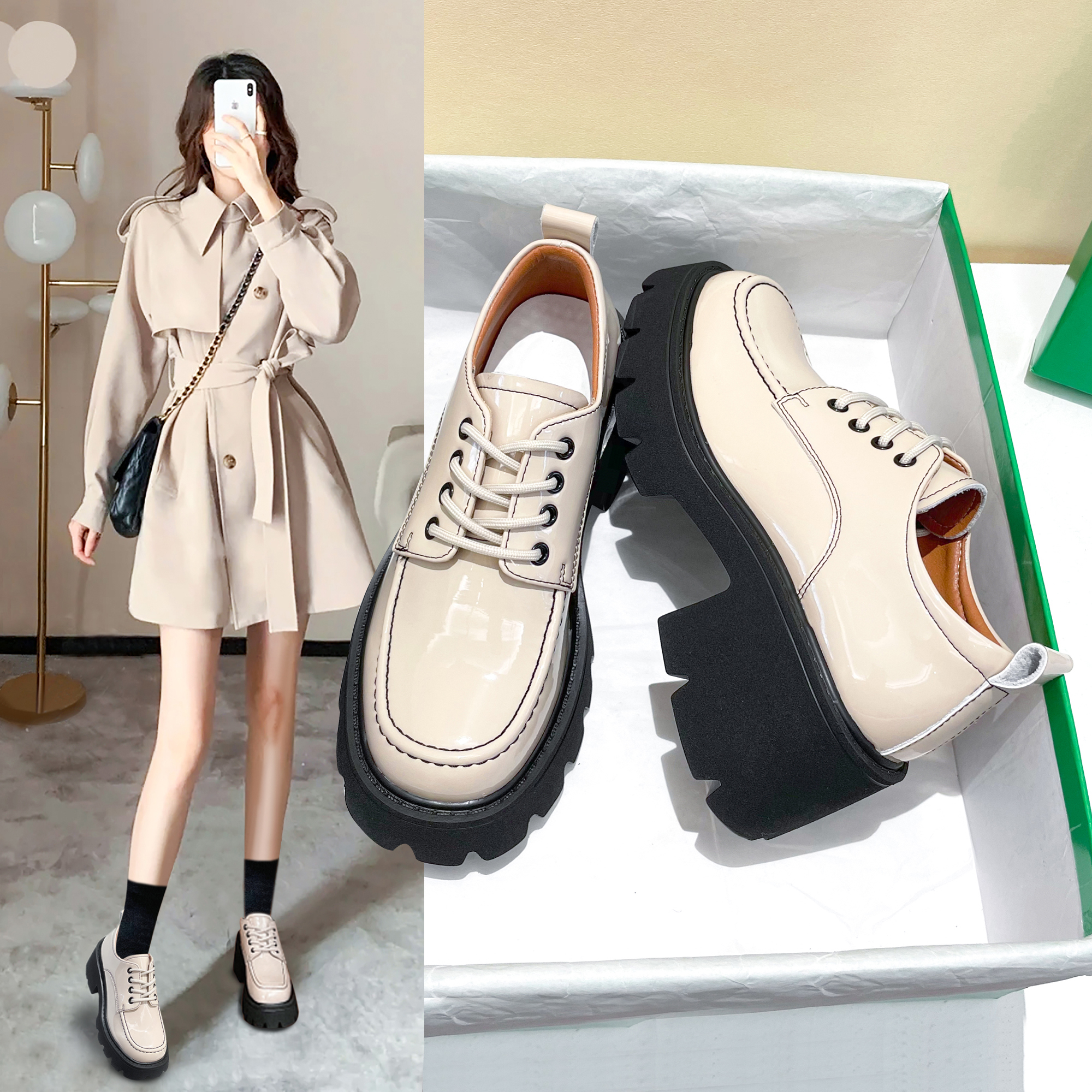 厚底增高新款米色日系玛丽珍鞋