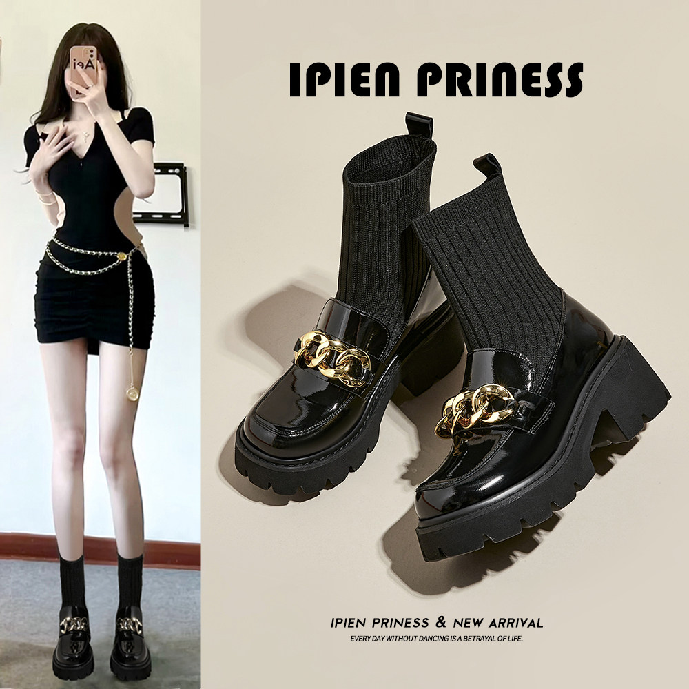 针织弹力袜靴女2024春秋新款厚底短筒瘦瘦靴小个子增高显瘦马丁靴