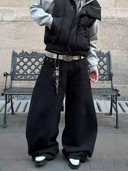 FATEEGG Vintage Black Curved Jeans Baggy Washed Relaxed Wide-Leg Pants for Men and Women