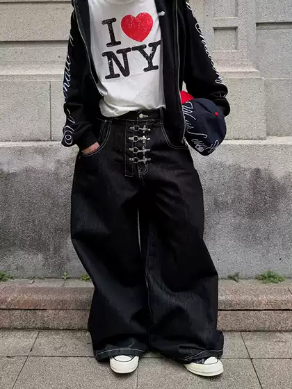 Fateegg American Retro Airplane Buckle Raw Denim Baggy Hip-Hop Black Unisex Wide-Leg Casual Pants
