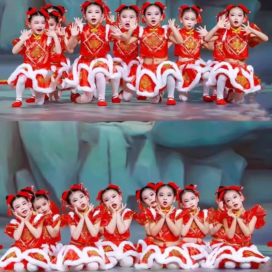 开门红服服中国表演幼儿风打鼓元旦喜庆女童舞蹈小梦娃演出服儿童