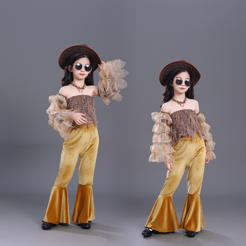儿童复古港风啦啦队演出服大玩家喇叭裤套装8090年代爵士舞蹈服新