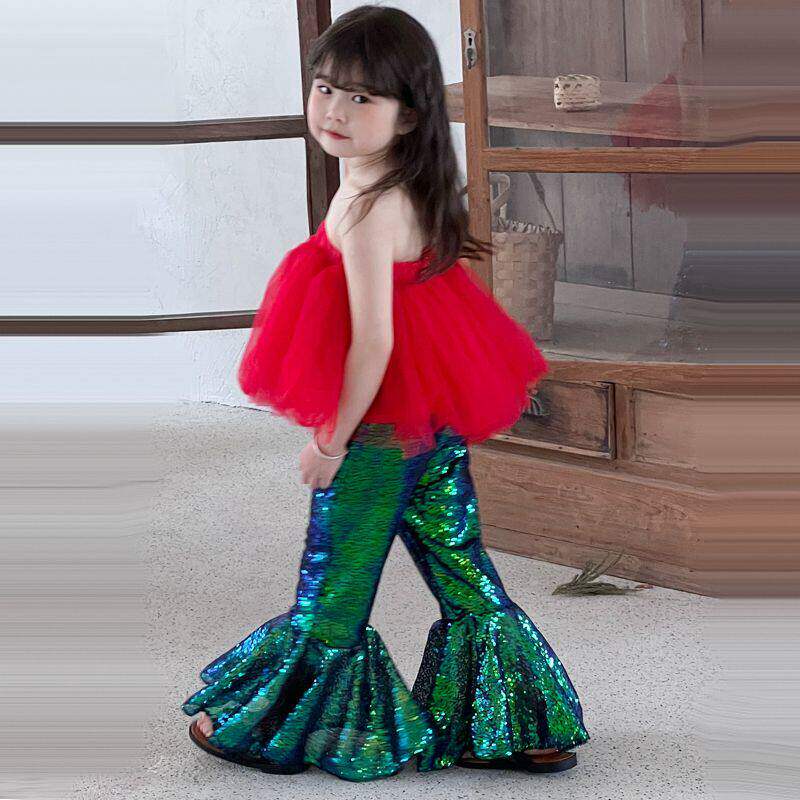 SUGAR春夏秋亮片弹力喇叭裤糖果色公主抹胸大码演出走秀生日服装