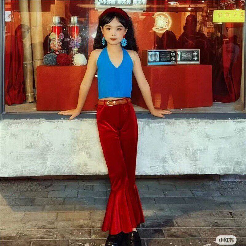 儿童演出服装复古港风走秀喇叭裤女80年代怀旧小学生时装秀花衬衣